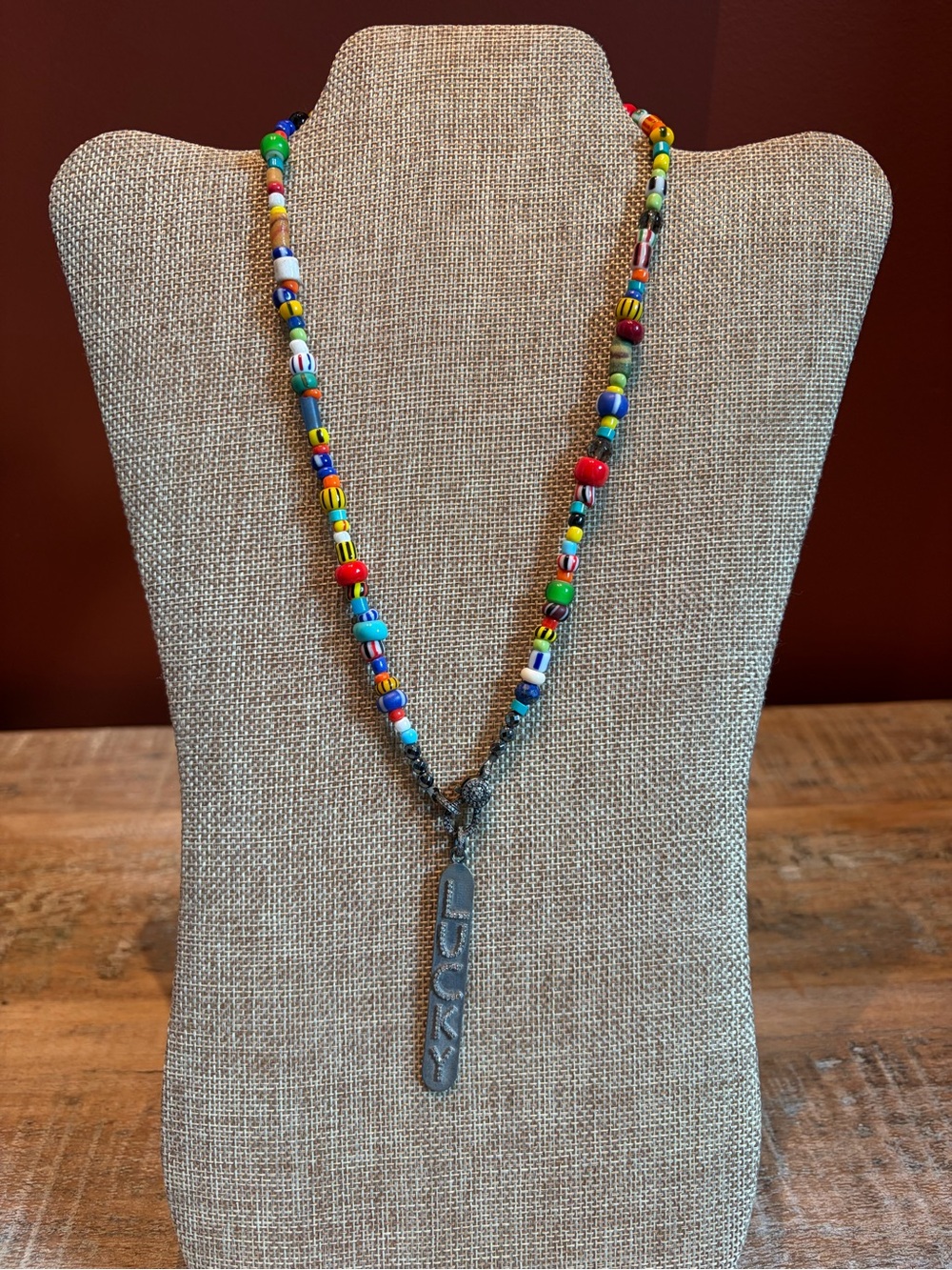 Handcrafted Multicolor Beaded Necklace with Pave Diamond LUCKY Pendant & Clasp